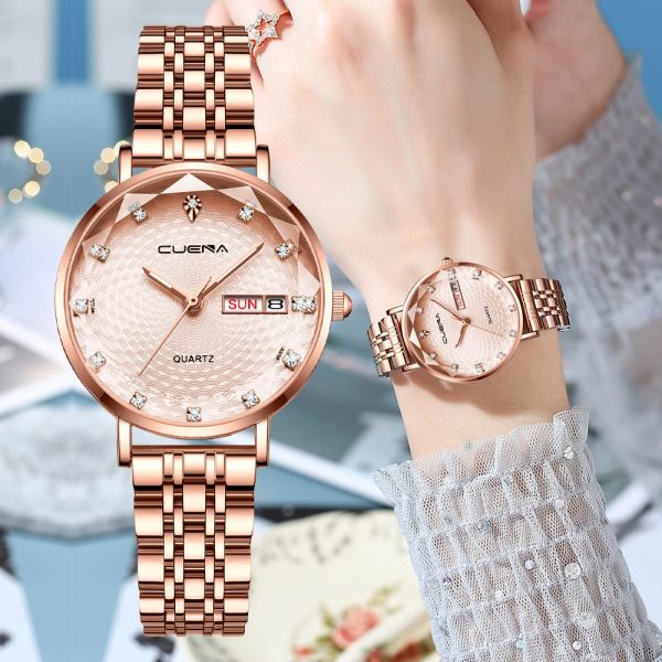 CUENA 6002 Luxury Date Rhinestone Bracelet Ladies Watch-Rose Gold - Image 3
